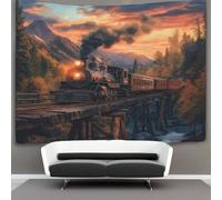 Vintage Locomotora de vapor Tapiz Para Colgar En La Pared,Old Wooden Bridge Sunset in The Mountains Tapices Arte De Pared Estético Decoración Del Hogar Para Sala De Estar Dormitorio 130cmx150cm