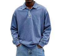 Vintage Long-Sleeved Polo, Men's Fashion Retro Washed Distressed Cotton Lapel Long Sleeve Polo Shirt (Blue,M)