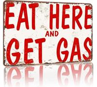 Vintage Metal Sign Eat Here Get Gas Wall Hanging 8 X 12 in
