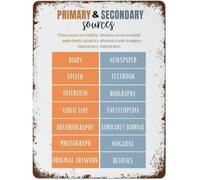 Vintage Metal Sign Primary And Secondary Sources Tin Plaque History Education Decor For Classroom Home School Wall-Art 8 X 12 in