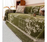 Vintage Minimalist Sofa Throw, Floral and Branch Pattern Sofa Cover | Soft Chenille Furniture Protector Cover, Decorative Throw Blanket With Tassels, For Sofa Couch Bed Chair(Green,180x420cm)