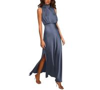 Vintage Mock Neck Sin Mangas Vestidos De Satén Mujeres Elegante Vestido Largo De Fiesta Formal De División Alta Vestido De Noche De Cintura Delgada Femenina-Azul Marino-M