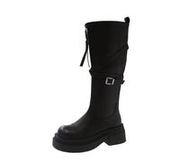 Vintage Mujer Botas de Montar hasta la Rodilla, tacón Grueso y Punta Redonda | Cuero Genuino con Cremallera Frontal y Hebilla | Resbalón-Resistente y cómodo | para el Trabajo, la Motocicleta y los