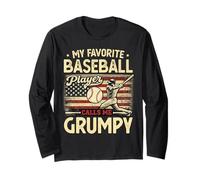 Vintage My Favorite Baseball Player Calls Me Grumpy Bandera de Estados Unidos Manga Larga