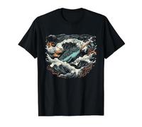 Vintage Narval Océano Ola Estilo Japonés Retro Vida Marina Arte Camiseta gráfica económica, Hombre, Negro, L
