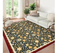 Vintage Navy 120x180 Floral Alfombra Non Shedding Easy Cleaning Area Alfombrilla for Salon Dormitorio Office Comedor Space Yellow Folk Flower Tapete Soft Antideslizante Lavable botanico Floor