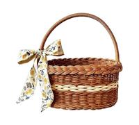 Vintage Picnic Basket - Imitation Rattan Woven Hamper with Handle & Silk Scarf Ribbon, Bohemian Boho Storage Basket for Picnic, Beach, Garden, Camping, Harvest, Flower & Home Décor Women