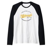 Vintage Pittsburgh Pennsylvania The Steel City Texto en Color Camiseta Manga Raglan