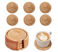 Vintage Rattan Coasters for Cup,Hand Woven Durable Round Teacup Insulation Mat Set,Non Slip Portable Drink Pads for Coffee Table Home Decor and Daily Use