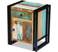 Vintage Recycled Solid Wood Nightstand with Drawer & Door Storage Handmade Rustic Bedside Table for Bedroom Unique Steel Frame Accent Furniture - Teak Mango Wood Multicolor Finish 43x33x51cm