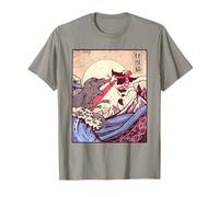 Vintage Retro Japanese Great Wave Cat Vs Monster Otaku Manga Camiseta