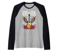 Vintage Retro Style 70s 80s Guitar with Wings Rock and Roll Camiseta Manga Raglan