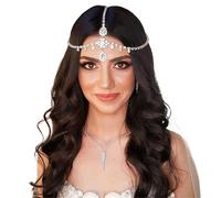 Vintage Rhinestone Head Chain Forehead Headband Hair Accesories Fringe Headdress para ocasiones especiales y festivales(Silver 2)