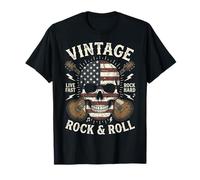 Vintage Rock and Roll American Flag Skull Graphic Guitar Camiseta