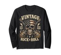 Vintage Rock and Roll American Flag Skull Graphic Guitar Manga Larga