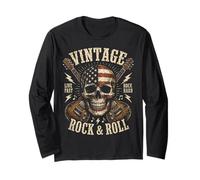 Vintage Rock and Roll American Flag Skull Graphic Guitar Manga Larga