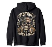 Vintage Rock and Roll American Flag Skull Graphic Guitar Sudadera con Capucha