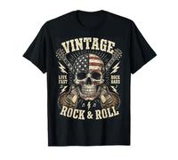Vintage Rock & Roll American Flag Skull Graphic Guitar Camiseta