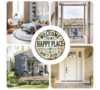Vintage Round Metal Wall Sign - "Welcome to My Happy Place Don’t Ruin It" Decoration, Distressed Round Metal Wall Art for Front Door, Porch, Patio, Garden, Yard, Fence, Kitchen