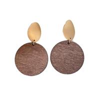 Vintage Round Wooden Pendant Earrings, Gold Accent Brown Textured Disc Drop Earrings for Women Daily Casual Office Wear