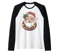 Vintage Santa Claus Navidad Cozy Holiday Patchwork Diseño Camiseta Manga Raglan