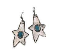 Vintage Silver Star Earrings, Antique Oxidized Turquoise Inlaid Five - Pointed Star Drop Earrings, Western Style for Women, Festival & Daily Wear