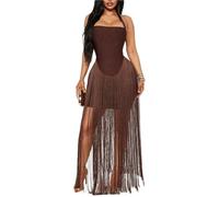 Vintage Sleeveless Halter Tassel Hem Dress Hot Girl Hollow out Swing Sexy Cocktail Party Backless Women's(Color 1,L)