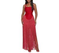 Vintage Sleeveless Halter Tassel Hem Dress Hot Girl Hollow out Swing Sexy Cocktail Party Backless Women's(Color 2,L)