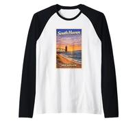 Vintage South Haven Lighthouse Great Lakes MI Arte de Viaje Camiseta Manga Raglan