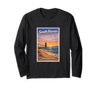 Vintage South Haven Lighthouse Great Lakes MI Arte de Viaje Manga Larga