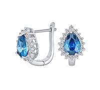 Vintage Style Cocktail Wedding Party Pequeño 1.5 CTW Azul Aguamarina Simulado AAA CZ Halo Pera En Forma De Lágrima Stud Huggie Pendientes Pestillo Bisagra Volver Bisagra Volver .925 Plata De Ley