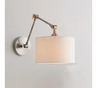 Vintage Swing Arm Wall Lamp Adjustable Bedside Reading Light with Cylinder Fabric Shade Industrial Iron Wall Sconce, Foldable E27 Retro Farmhouse Lighting Fixture for Bedro
