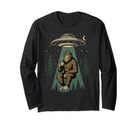 Vintage UFO Abducting Bigfoot Drinking Coffee Manga Larga