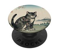 Vintage Ukiyo-e Cat Mount Fuji Cherry Blossom Arte japonés PopSockets PopGrip Adhesivo