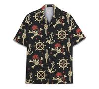 Vintage Version Camisa hawaiana colorida de bolos para hombres y mujeres, camisa hawaiana casual de manga corta con botones para adultos, calavera de pirata, XL
