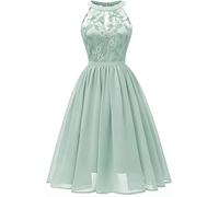 Vintage Vestidos de Encaje Elegante Boda de la Dama de Honor Vestidos de Fiesta Una línea Halter Cocktail Vestidos sin Mangas de Gasa hasta la Rodilla Vestidos Acanalados (Luz Verde,S)