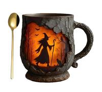 Vintage Witch Forestt Fire Mug - 386ml Halloween Coffee Mugs | 3D Tree Bark Texture Cup with Spoon | Gift Cup for Birthday Christmas Adults Coworker Teacher Friends Outdoor Travel Camping