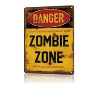Vintage Zombie Zone Sign Danger Warning Humorous Tin Wall-Art for Basement Garage Haunted House Style (8 X 12 in)
