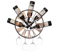 Vintiquewise Soporte de pared para vino con diseño de reloj con estante para copas - Estante único para champán, organizador de vino blanco y tinto con 4 soportes de vidrio, exhibición de botellas de