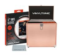 Vinyl Tonic Caja de almacenamiento de discos de vinilo de 12 pulgadas, capacidad para 40 LPs, incluye paño de limpieza universal y 10 fundas protectoras de vinilo, oro rosa, estilo equipaje, con asa y
