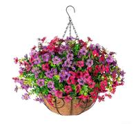 Violetas de flores artificiales, paquete de 12 cestas colgantes con forro de palma de coco para decoración del hogar y boda, atractivo estético natural (A043-10)