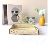 Violiica Bandeja de postre de madera árabe islámica para decoraciones de Ramadán, diseño de luna creciente y mezquita, 20 x 15,5 x 5,5 cm, soporte de exhibición de pasteles y dulces