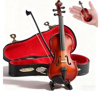 Violín miniatura de madera, figurita de violín diminuto con soporte, arco y estuche, réplica de instrumento musical miniatura no funcional, objeto de colección, adorno decorativo para el hogar,14cm