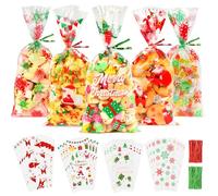 Viosmut Bolsas Celofan Navidad 120 Piezas, Bolsas para Chuches Transparente con Lazos de Torsión, Plastico Bolsas Papel Regalos Navideños Decoraciones para Galletas Chocolate Gominolas Galletas Dulces