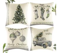 Viosmut Juego de 4 Funda Cojin Navidad 40x40cm, Christmas Cojin Navidad 45x45cm, Santas y Alce Algodón Lino Hogar Almohadas Fundas para Sofá Cama Decoración para Hogar