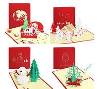 Viosmut Tarjetas de Navidad 3D 4 Piezas con Sobres, Diseño Papá Noel Monigote de Nieve, Navidad Christmas Cards Postales Navideñas