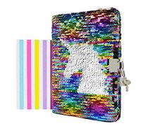 VIPbuy Diario de Cuaderno de Lentejuelas con Cerradura y Llave Diario de Viaje con Rincón de Fotos para niños niñas, Unicornio Colorido