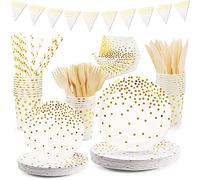 VIPNAJI Juego de vajilla de fiesta blanca y dorada, 176 unidades, platos de papel, servilletas, pajitas, tenedores reutilizables, pancartas, cumpleaños, fiestas, bodas, Navidad, 25 invitados