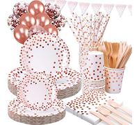 VIPNAJI Platos Cumpleaños Vajilla Fiesta Oro Rosa,186 Pzas Platos Vasos Servilletas Cubiertos Bandera Fiesta Cumpleaños Bodas Baby Shower Niño Aniversarios,Suministros de Fiesta(25 Invitados)