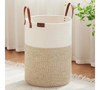 VIPOSCO Tall Laundry Basket, Large Dirty Clothes Hamper with Leather Handle, Woven Rope Storage Basket for Blanket, Toy In Living Room, Bathroom, Bedroom - 100L White & Brown